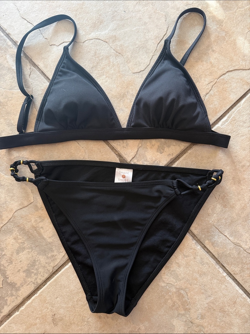 Shade & Shore Black Ribbed Triangle Bikini Set size small